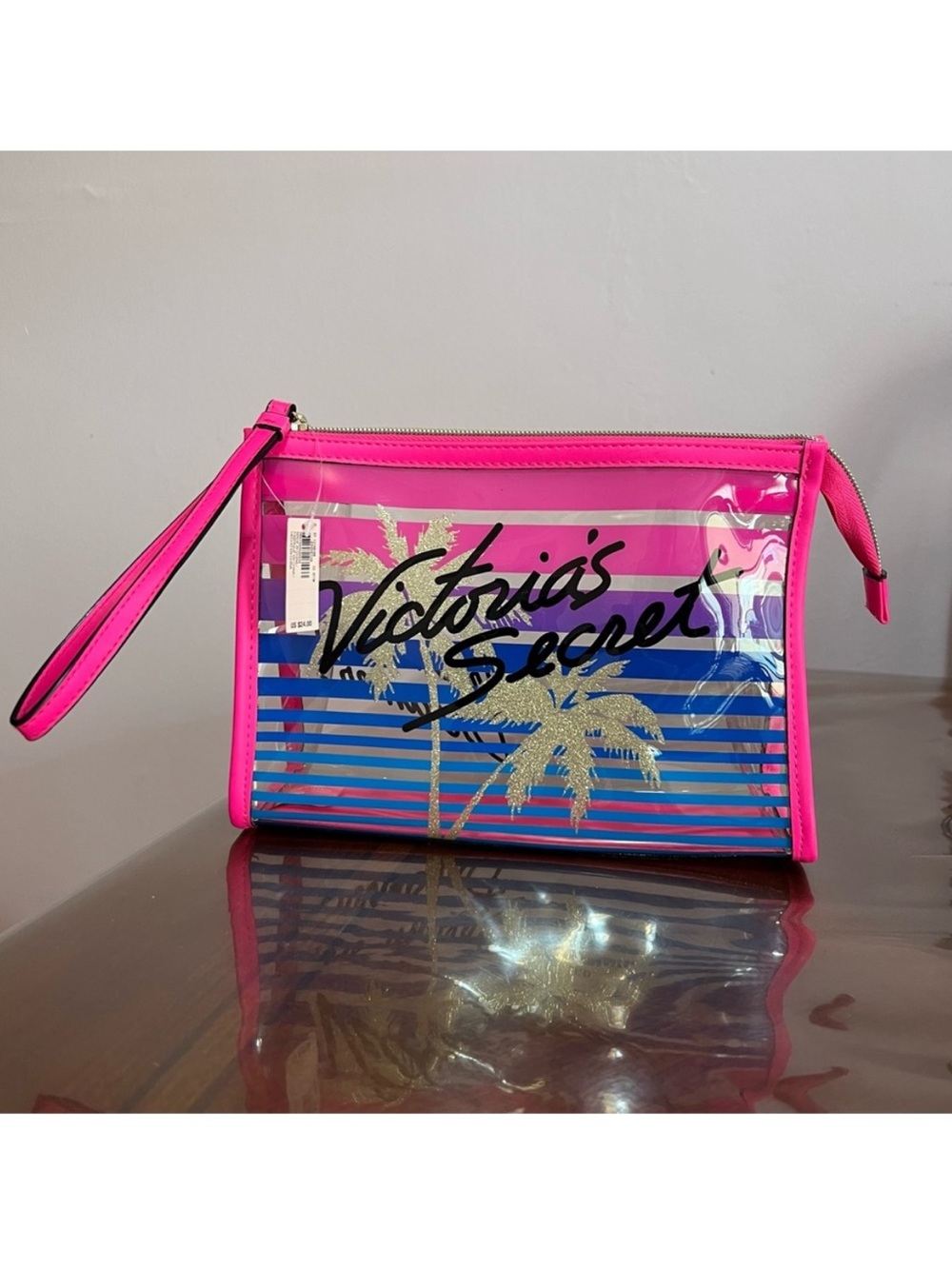 Victoria's Secret Hot Pink and Blue Clear Wristlet with Gold Palm Accents